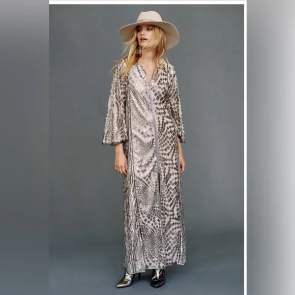 NWT | Free People x Anna Sui Sequin Embroidered Silver Front Slit Maxi Dress XS - Picture 5 of 15